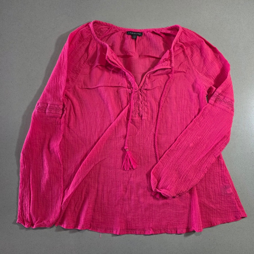 Lane Bryant Hot Pink Gauze Peasant Top Tassel Crochet Lace Boho Blouse 14/16